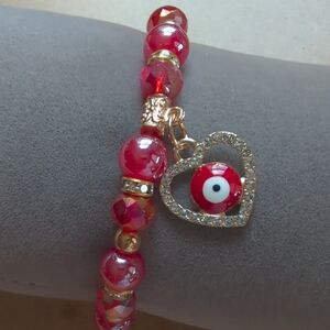 Red and Gold Beaded Stretch Bracelet with Sparkling Accents